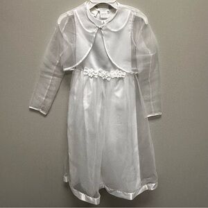 Bonnie Jean White Satin Dress Pearl Accent Dress Womens Size 10 USA 2 piece FLAW